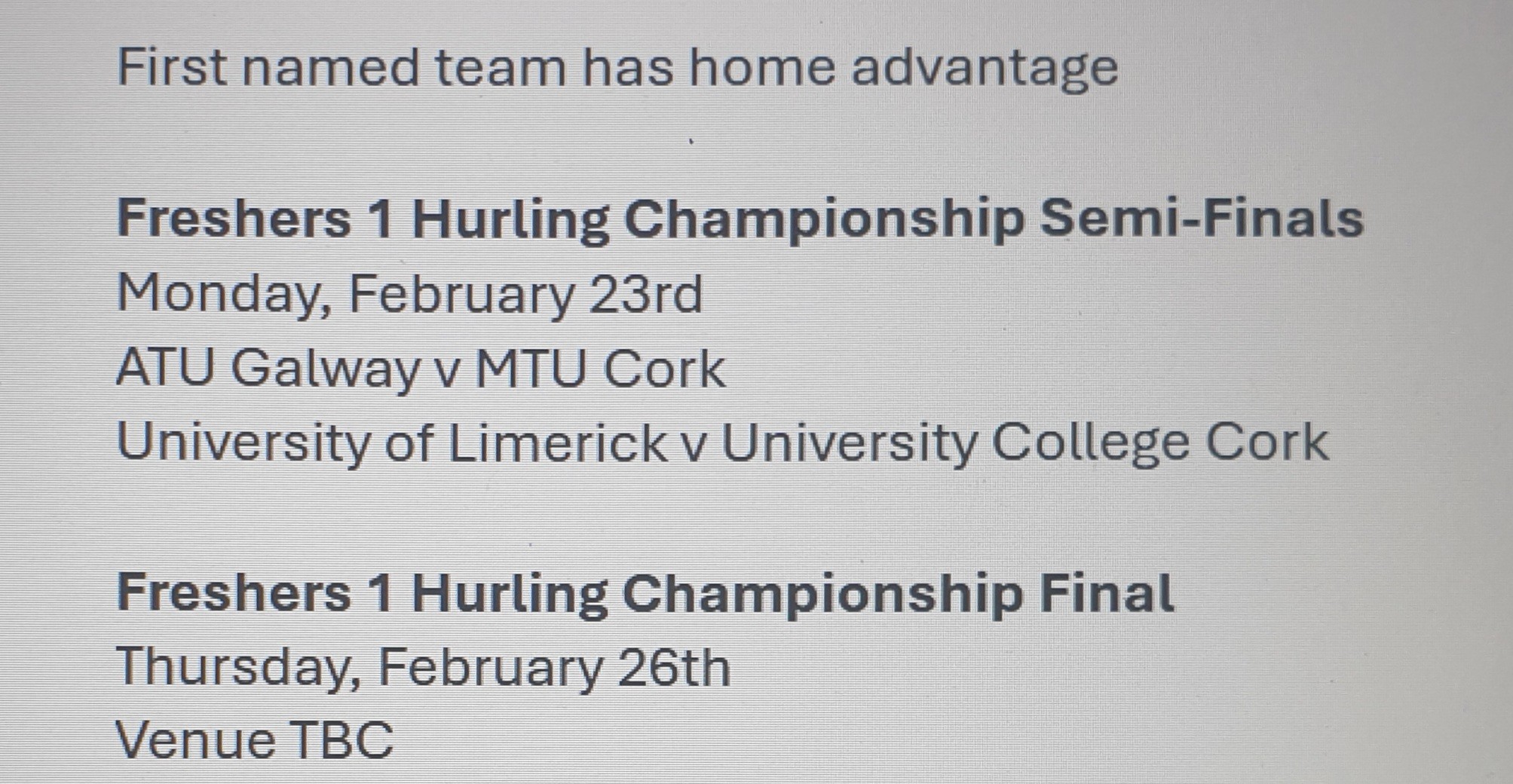 Fresher Hurling Fixtures - S/F 